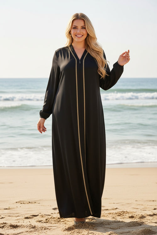 Abaya longue unie avec strass et fermeture zip