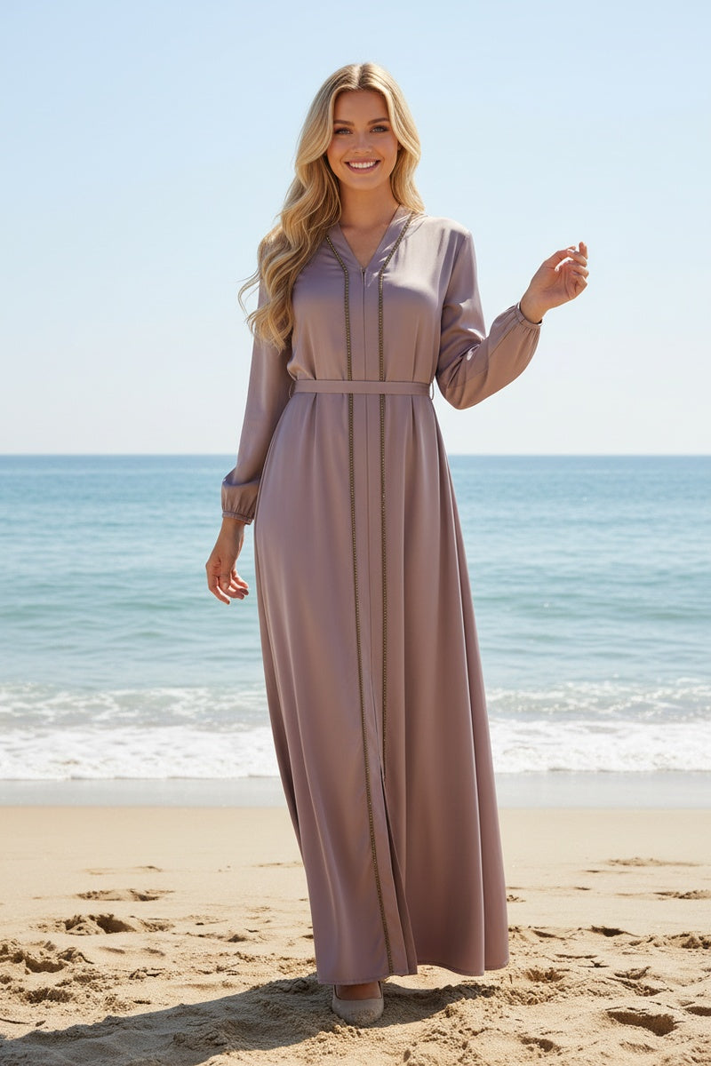 Abaya longue unie avec strass et fermeture zip