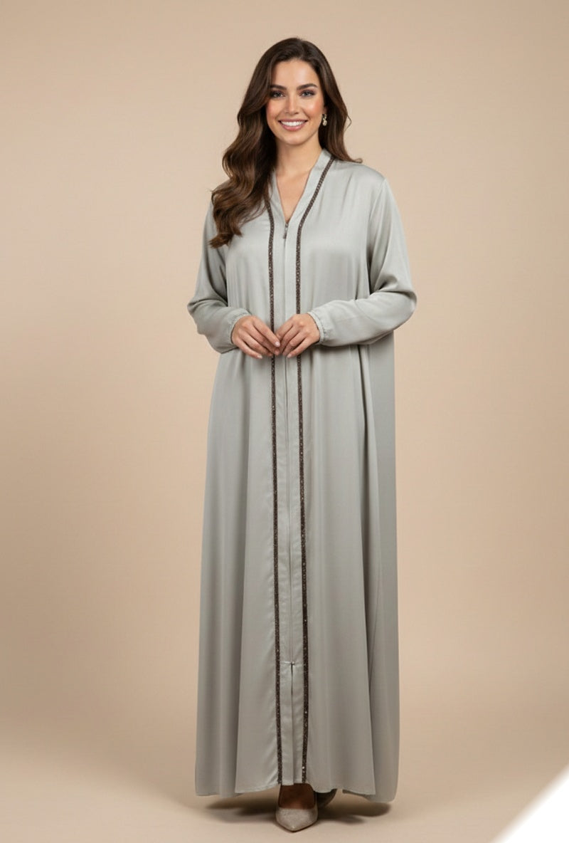 Abaya longue unie avec strass et fermeture zip