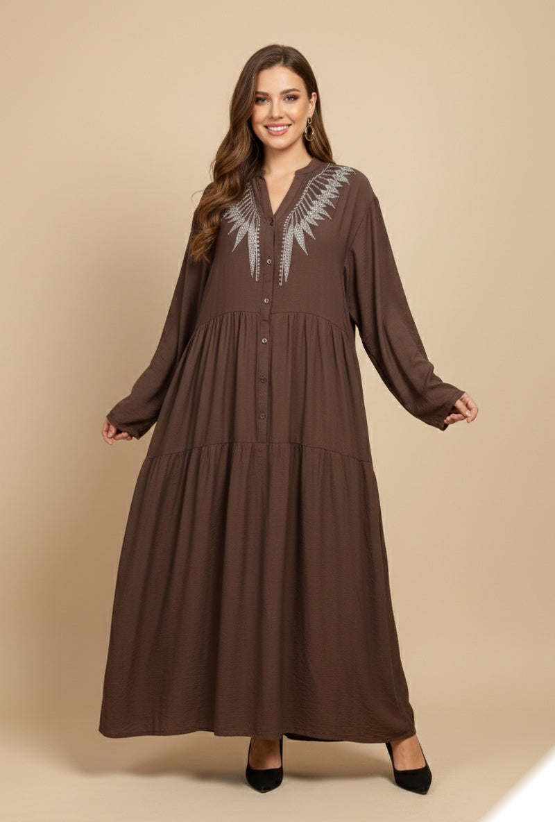 Robe longue unie avec boutons et strass fleurie