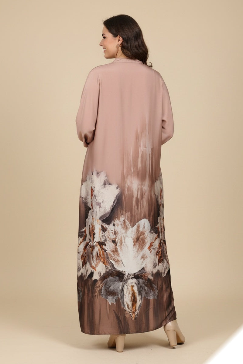 Robe longue imprimée abstraite tissu comme soie avec ceinture