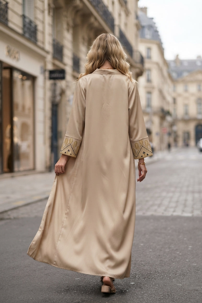 Abaya robe gilet longue premium longue unie avec broderie fleurie
