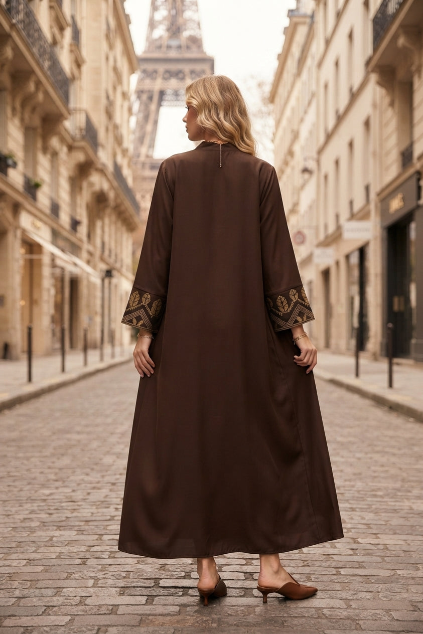 Abaya robe gilet longue premium longue unie avec broderie fleurie