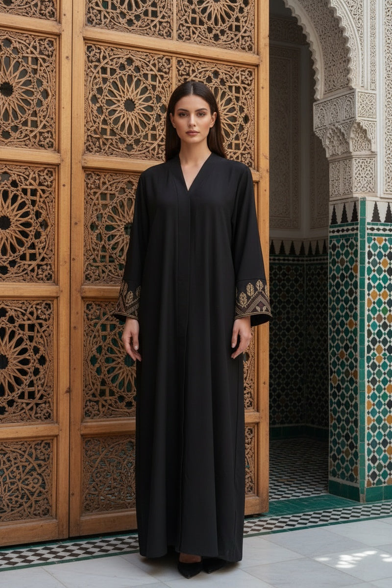 Abaya robe gilet longue premium longue unie avec broderie fleurie