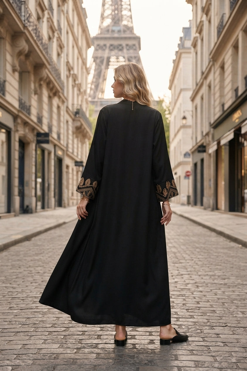 Abaya robe gilet longue premium longue unie avec broderie fleurie
