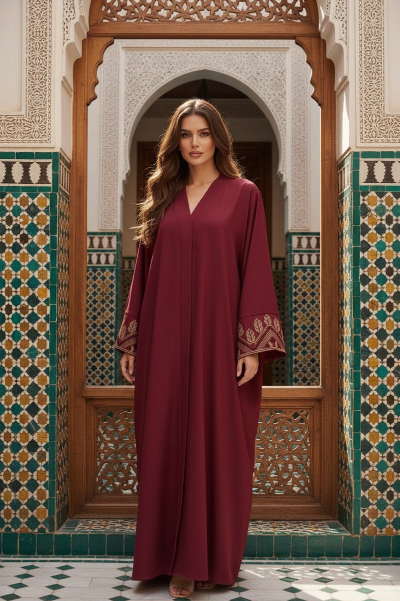 Abaya robe gilet longue premium longue unie avec broderie fleurie