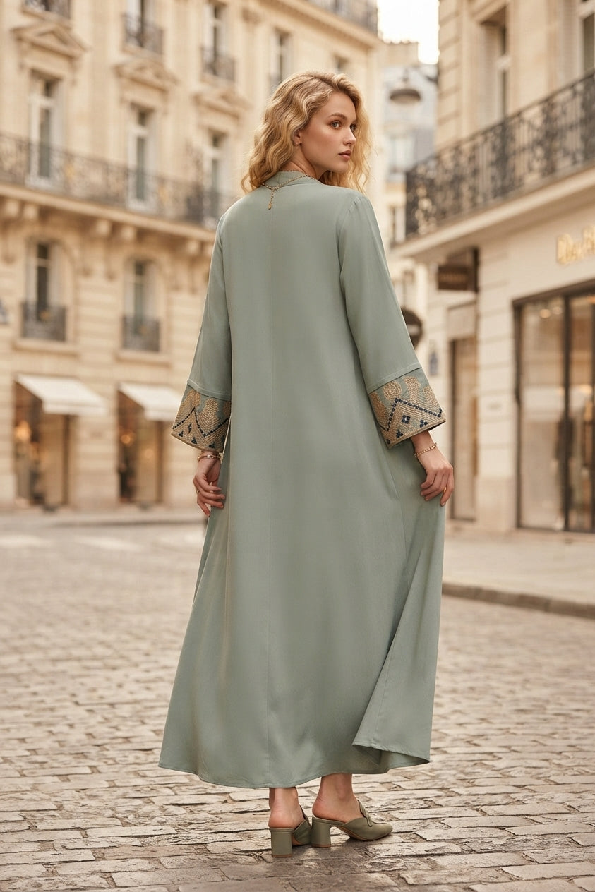 Abaya robe gilet longue premium longue unie avec broderie fleurie
