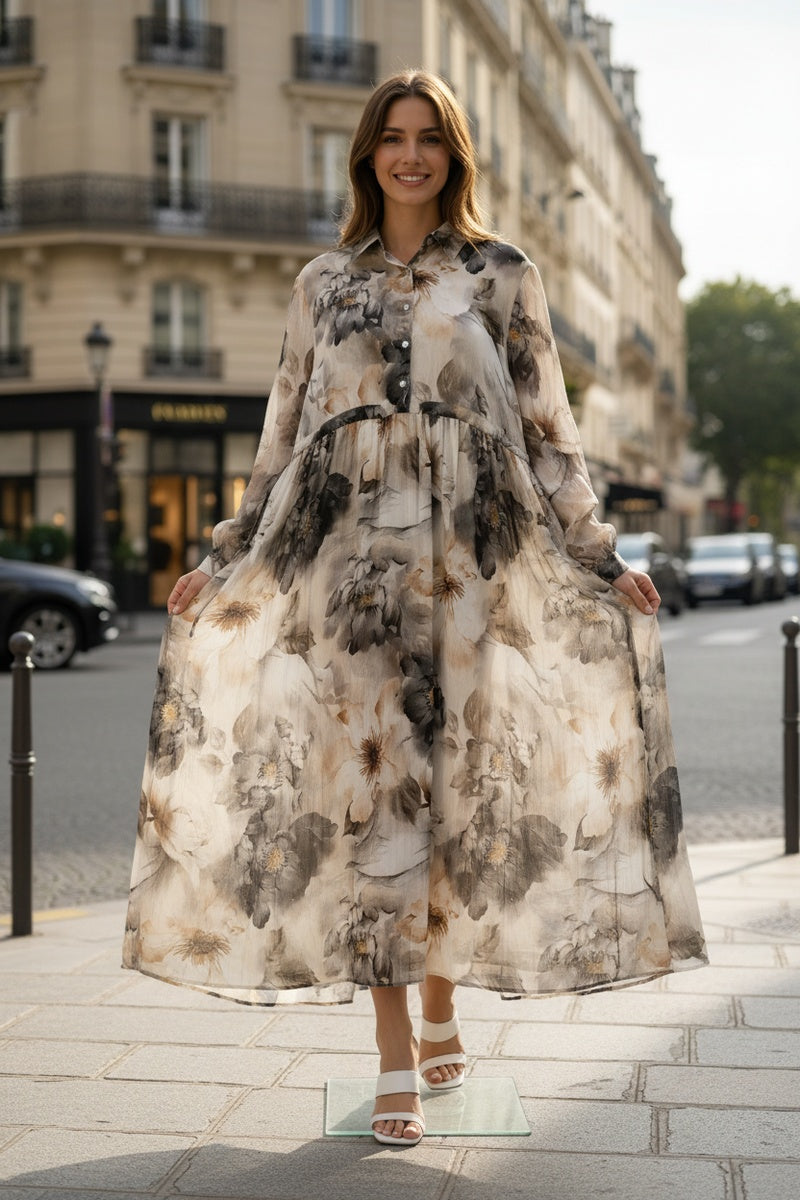 Robe longue imprimée fleurie avec ceinture ajustable