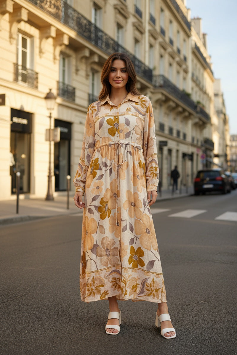 Robe longue imprimée fleurie avec ceinture ajustable
