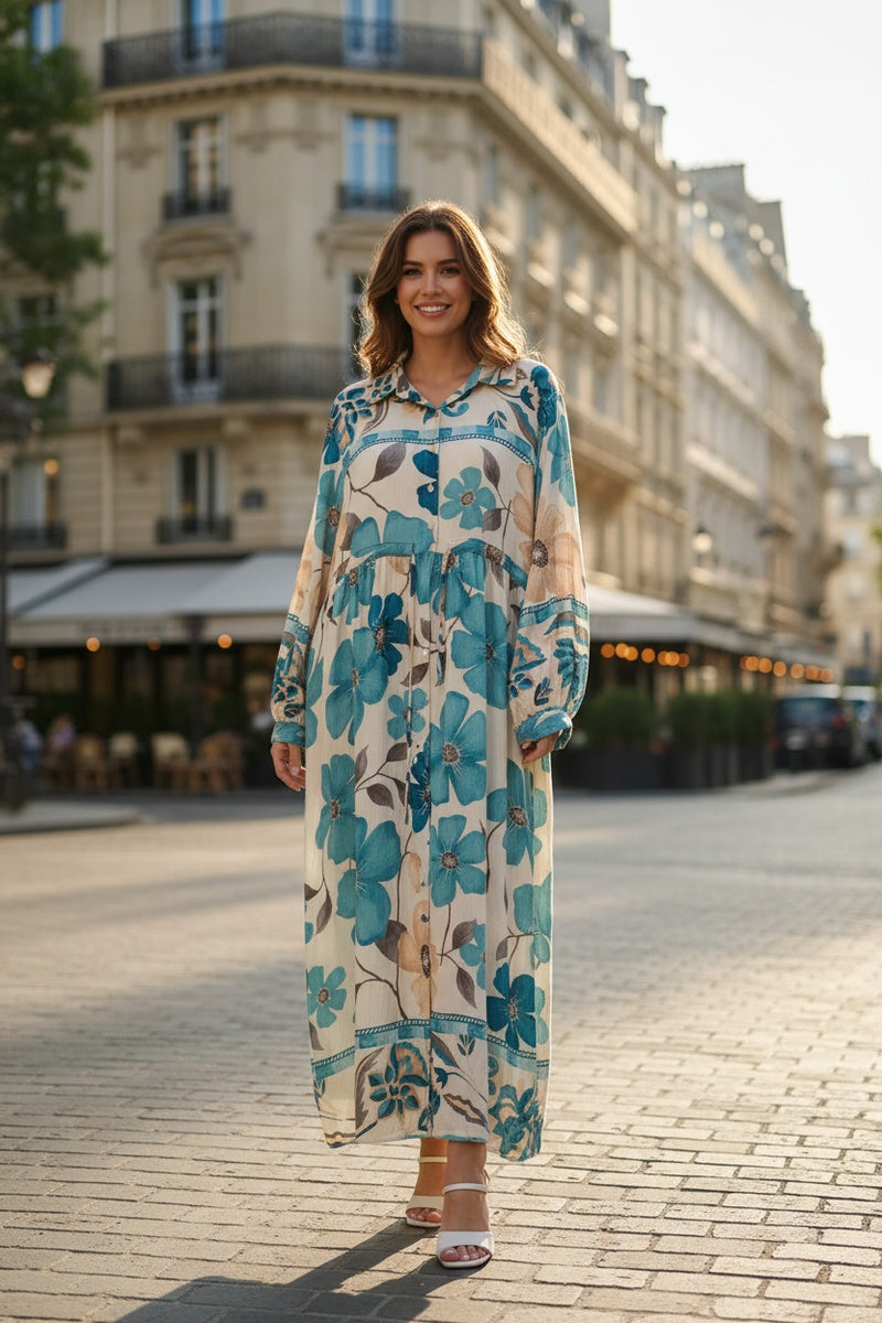 Robe longue imprimée fleurie avec ceinture ajustable