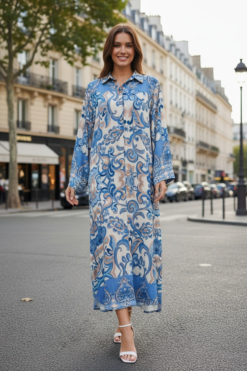Robe longue imprimée fleurie col chemise