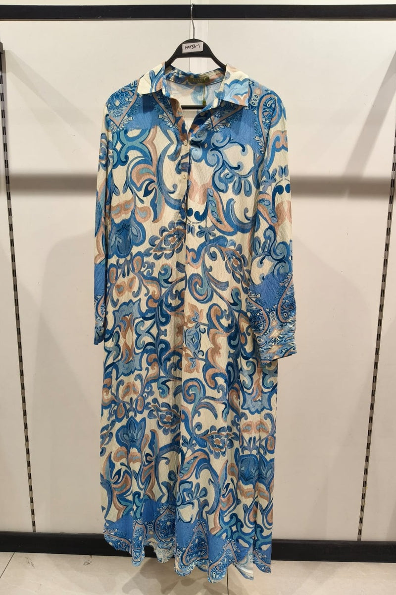 Robe longue imprimée fleurie col chemise