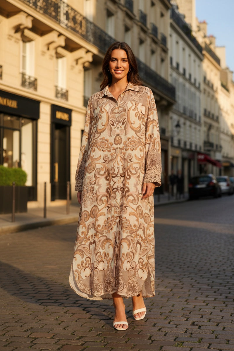 Robe longue imprimée fleurie col chemise