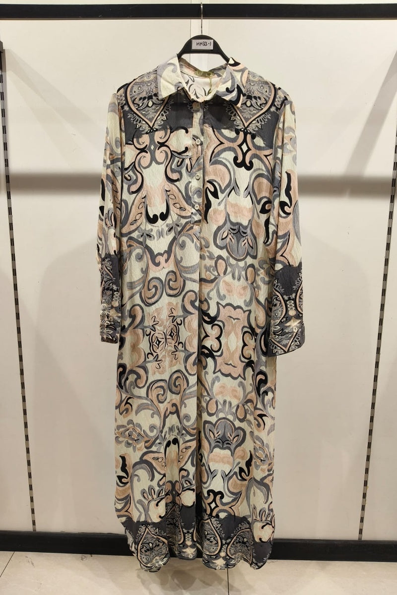 Robe longue imprimée fleurie col chemise