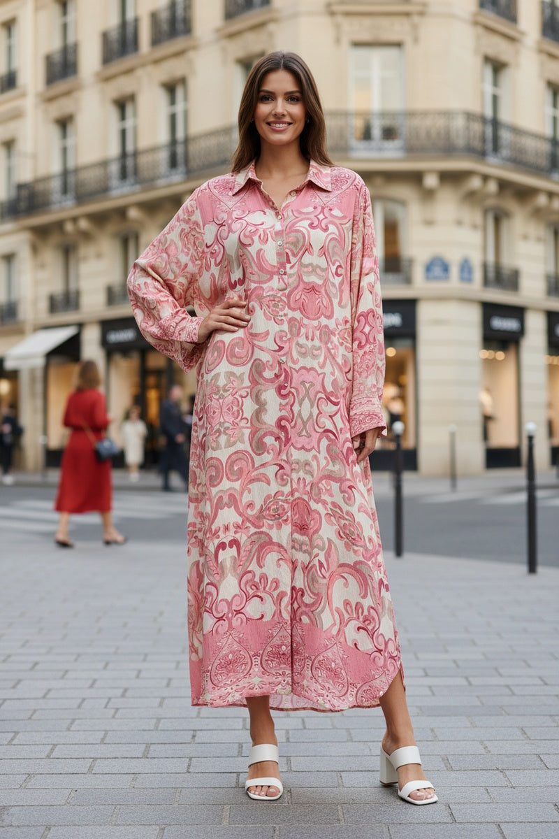 Robe longue imprimée fleurie col chemise