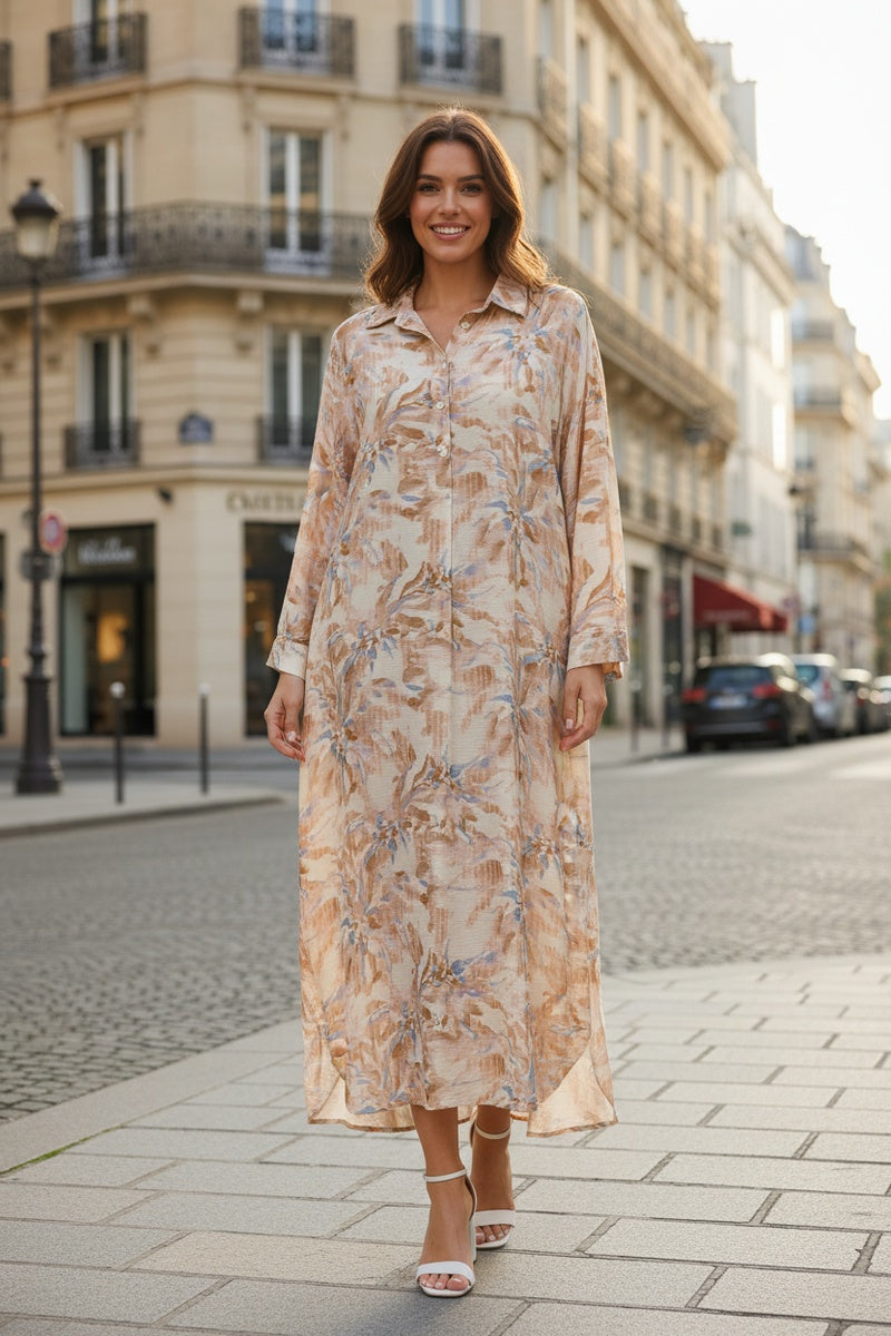 Robe longue imprimée fleurie col chemise