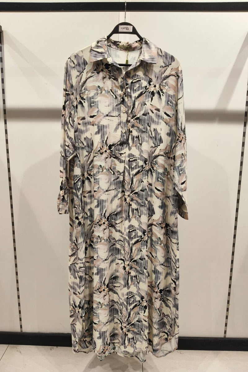 Robe longue imprimée fleurie col chemise