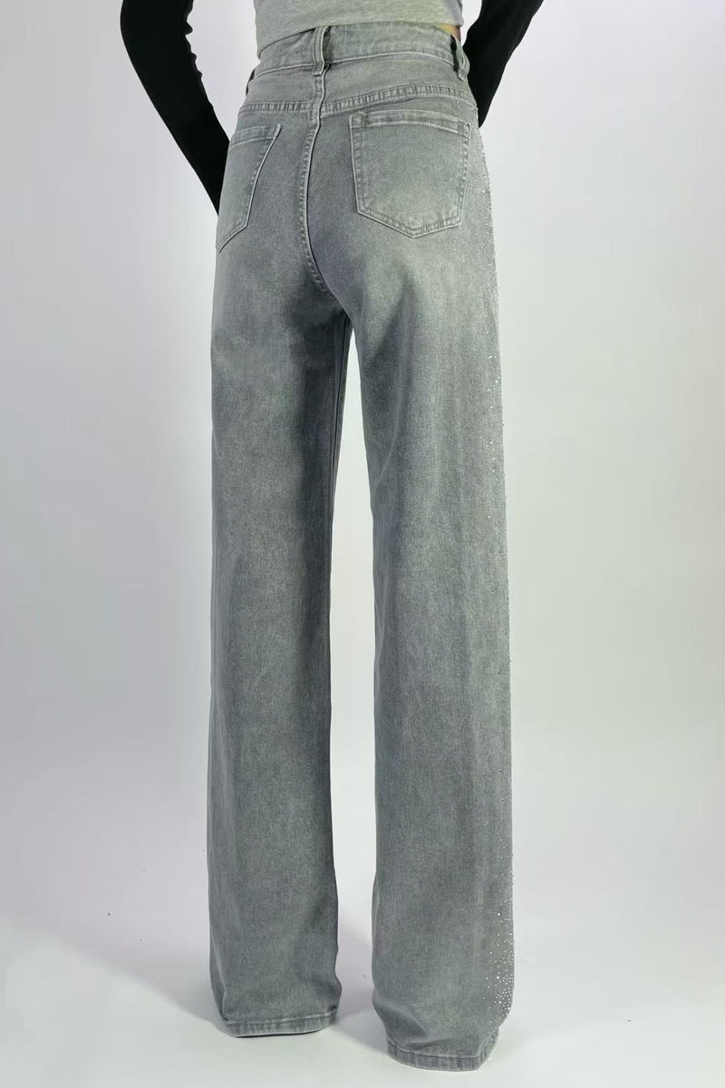 Jean premium coupe droite stretch avec strass sur les côtés T36-T46