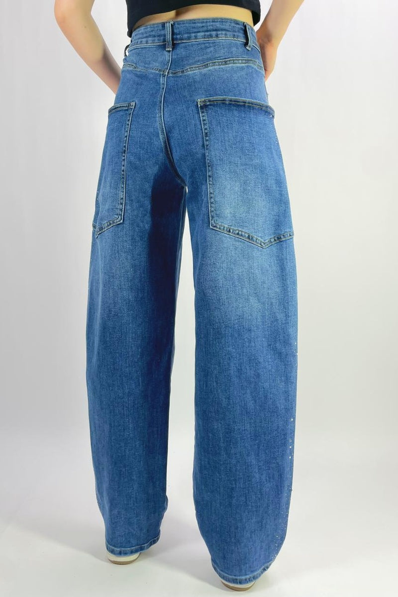 Jean barrel large stretch délavé à strass latéraux T36-T46