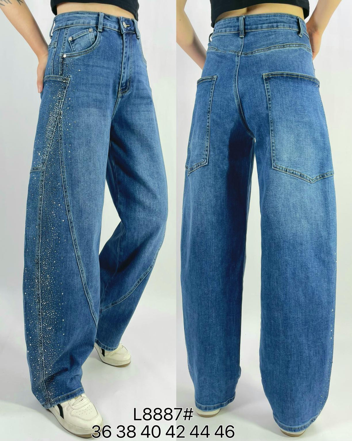 Jean barrel large stretch délavé à strass latéraux T36-T46
