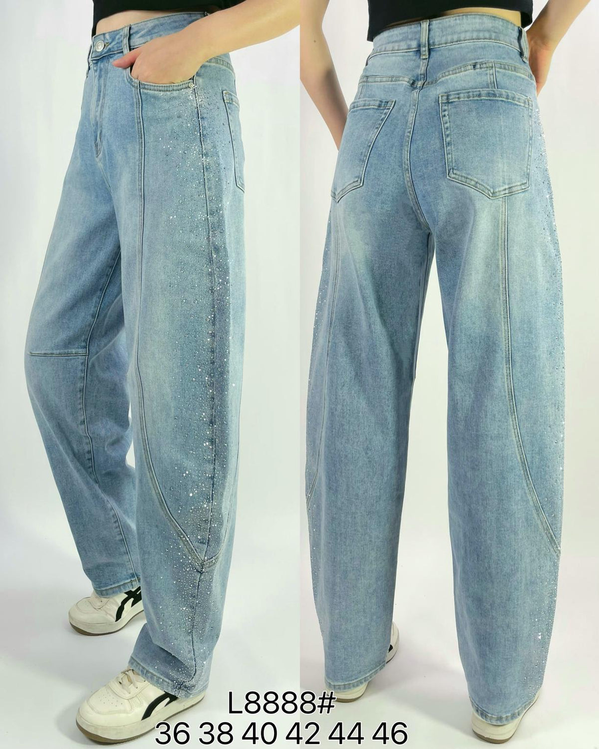 Jean barrel large stretch délavé à strass latéraux T36-T46