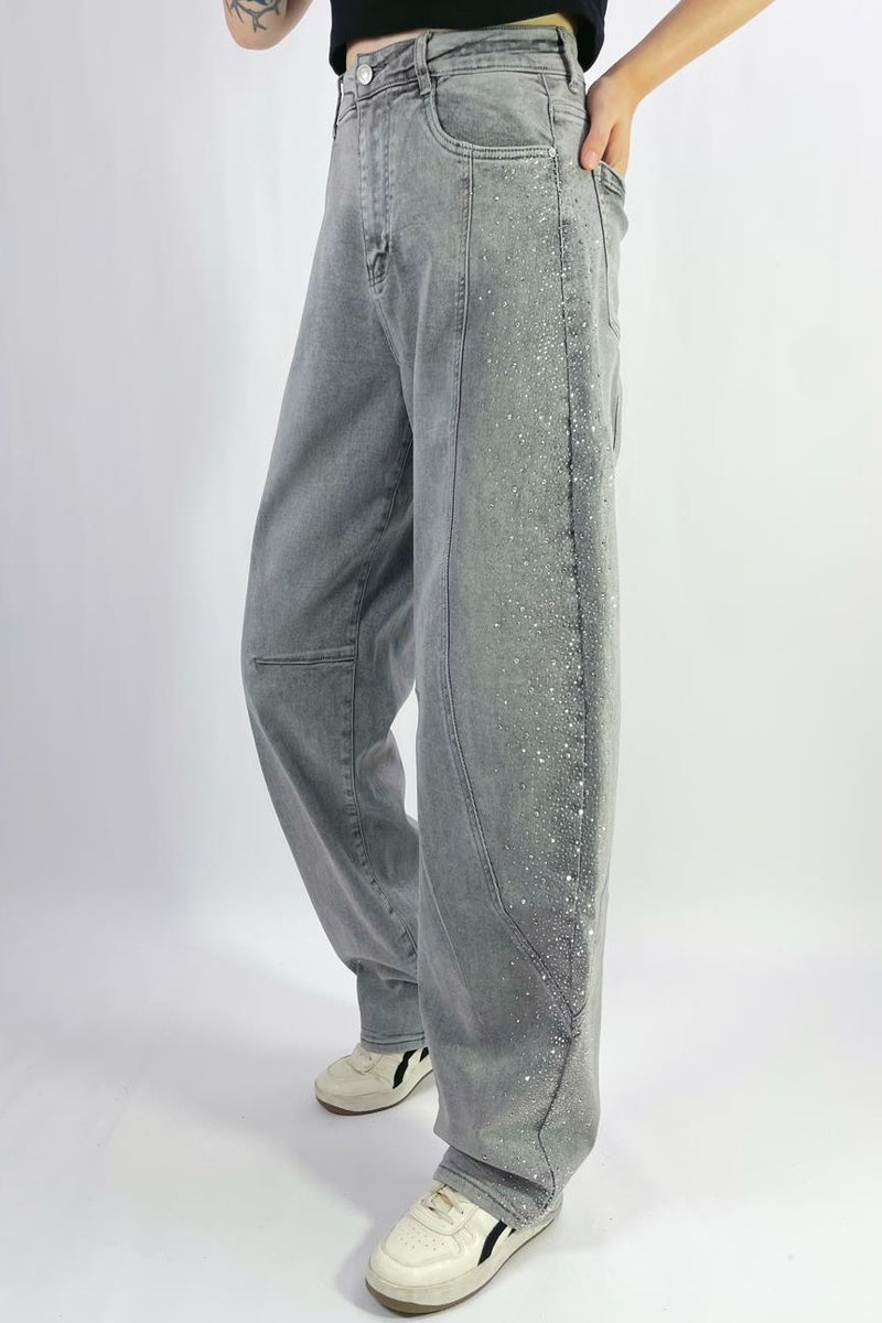 Jean barrel large stretch délavé à strass latéraux T36-T46