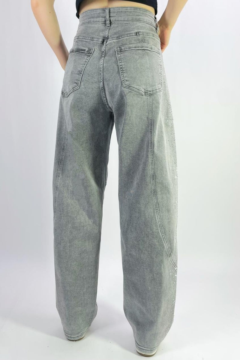 Jean barrel large stretch délavé à strass latéraux T36-T46
