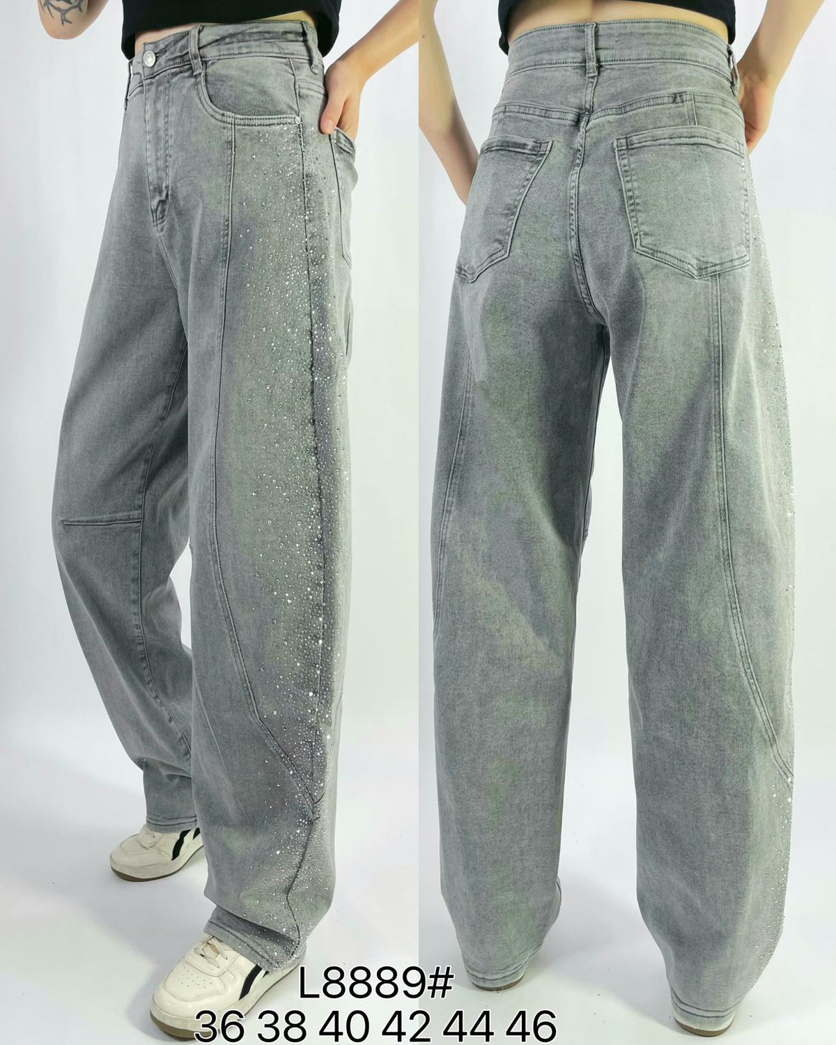 Jean barrel large stretch délavé à strass latéraux T36-T46