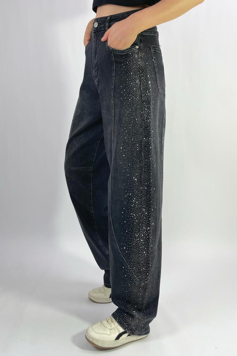 Jean barrel large stretch délavé à strass latéraux T36-T46