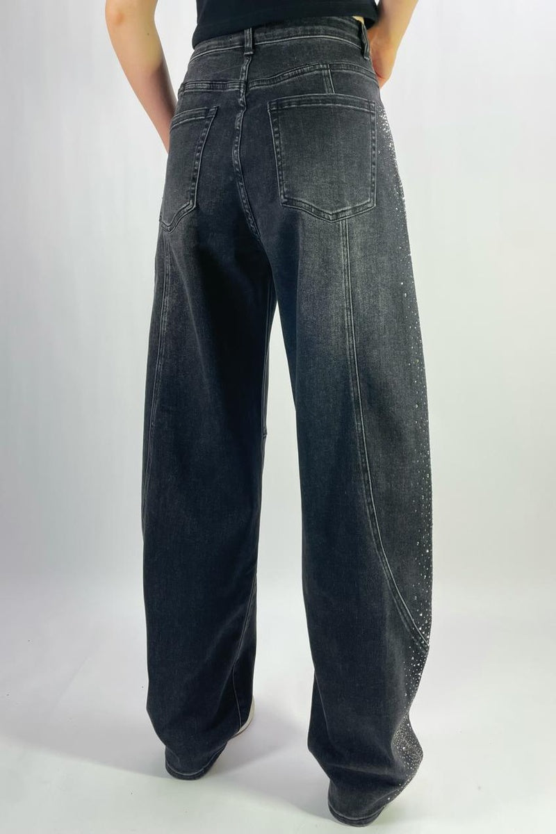 Jean barrel large stretch délavé à strass latéraux T36-T46