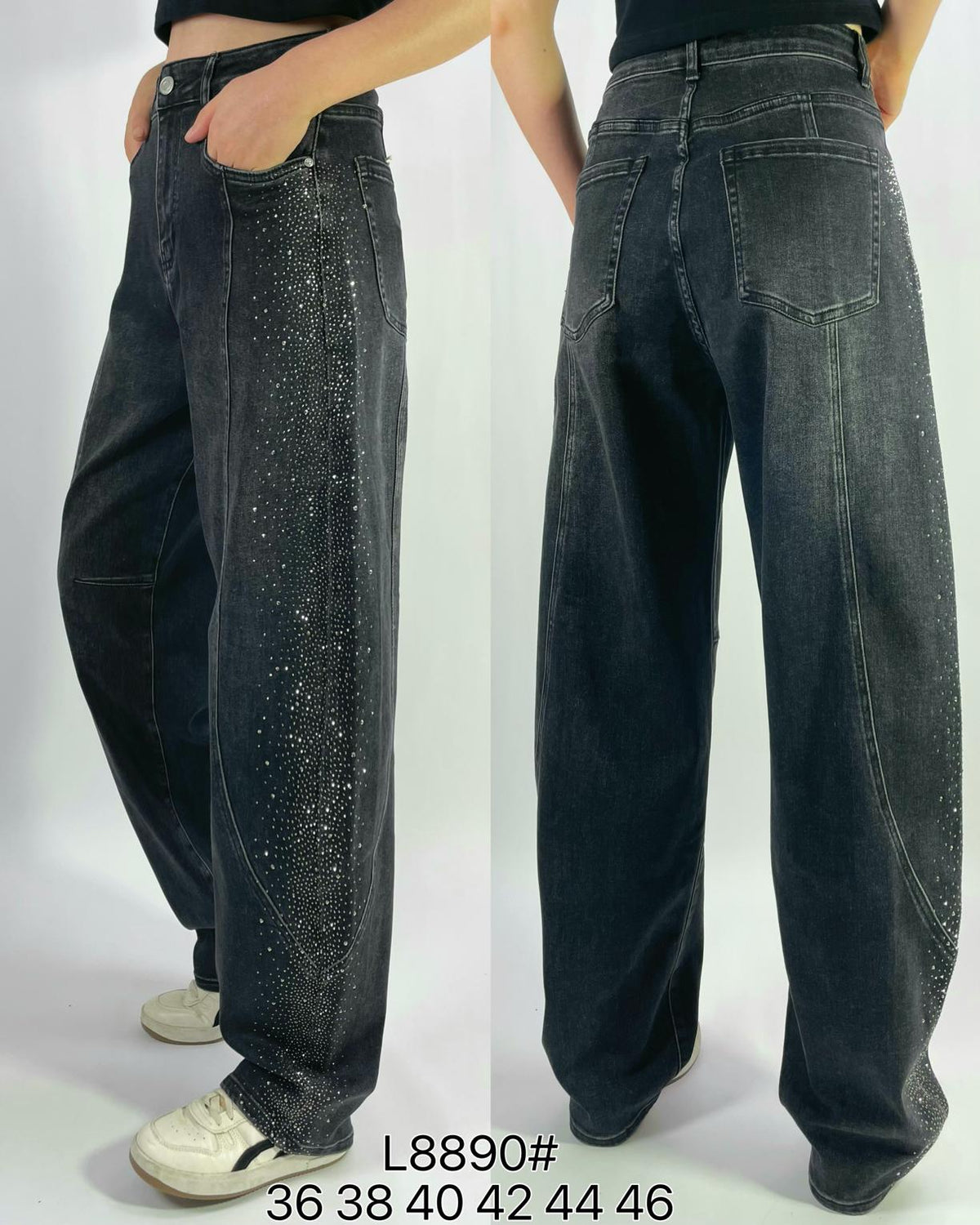 Jean barrel large stretch délavé à strass latéraux T36-T46