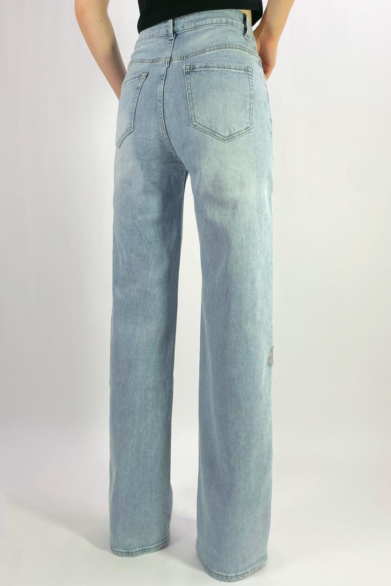 Jean premium coupe droite stretch avec strass et broderie fleurie T36-T46