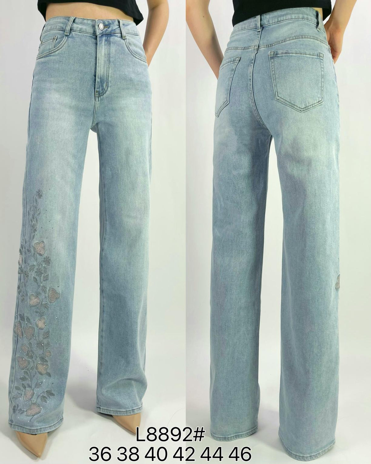 Jean premium coupe droite stretch avec strass et broderie fleurie T36-T46