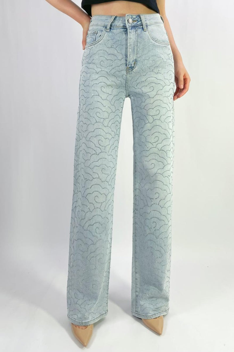 Jean premium coupe droite stretch avec strass nuage T36-T46