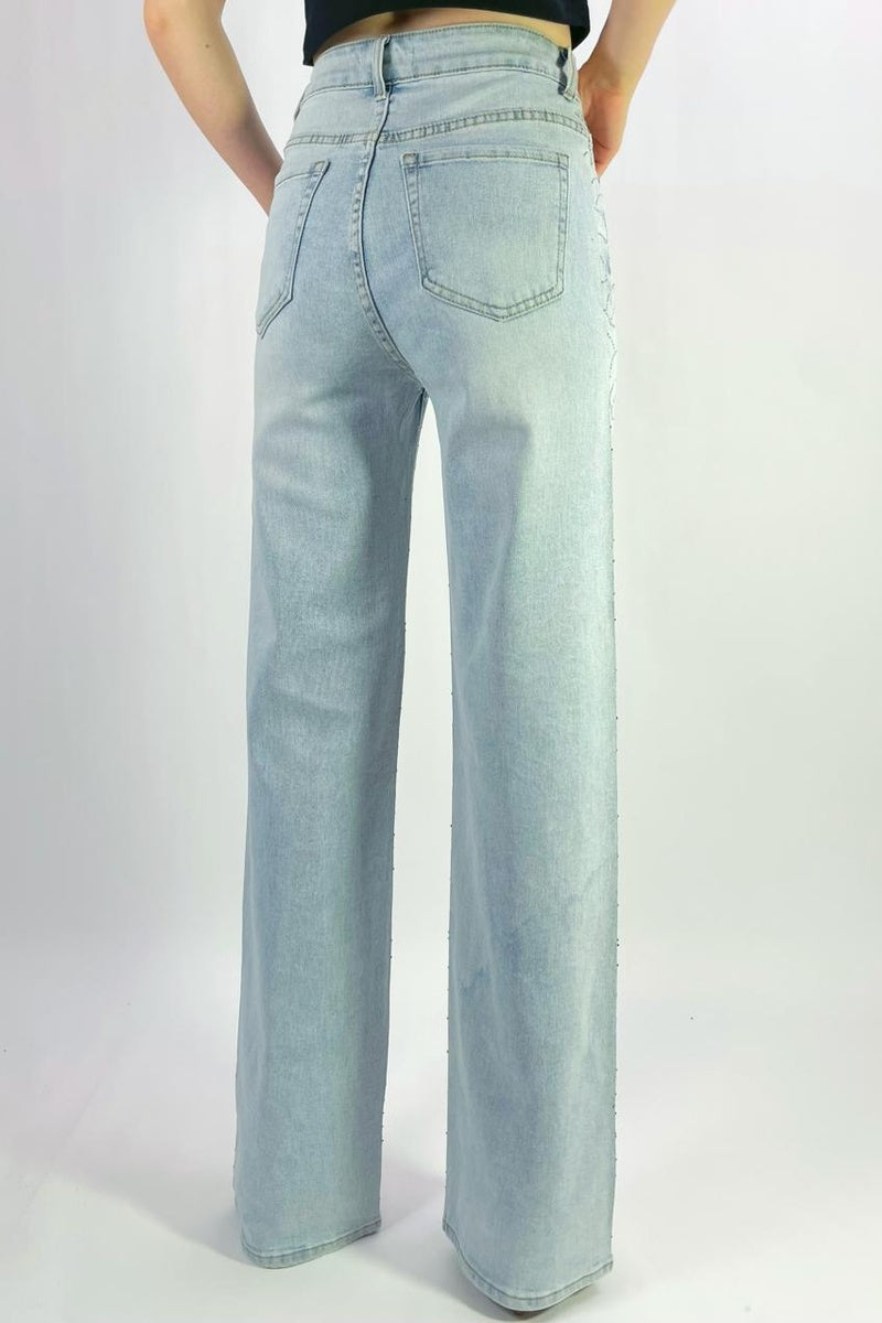 Jean premium coupe droite stretch avec strass nuage T36-T46