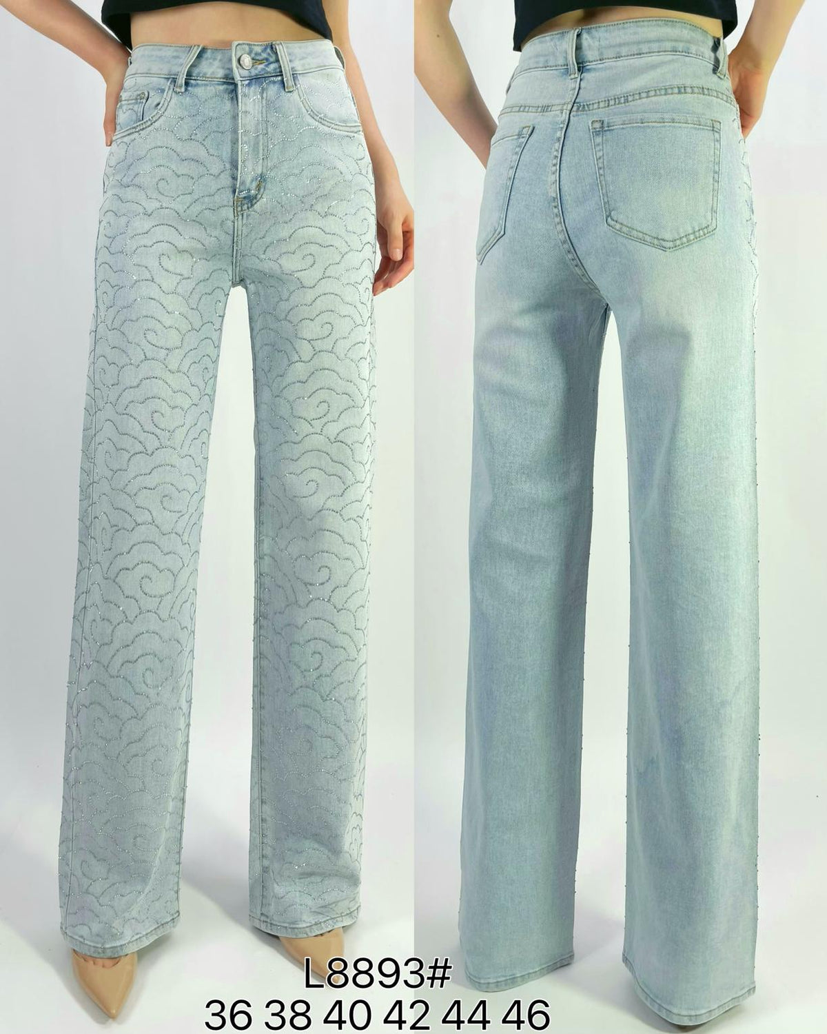 Jean premium coupe droite stretch avec strass nuage T36-T46