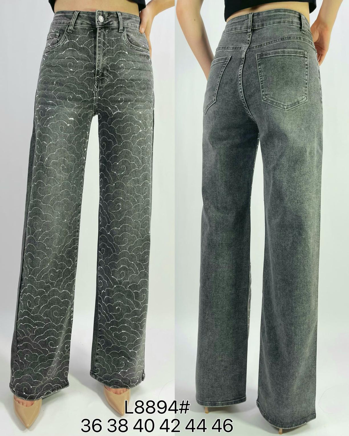 Jean premium coupe droite stretch avec strass nuage T36-T46