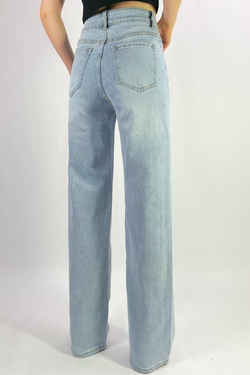 Jean premium coupe droite stretch avec strass fleuri T36-T46