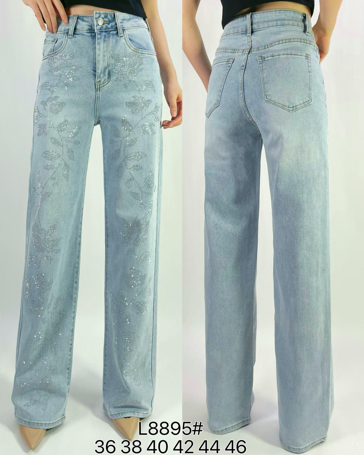 Jean premium coupe droite stretch avec strass fleuri T36-T46
