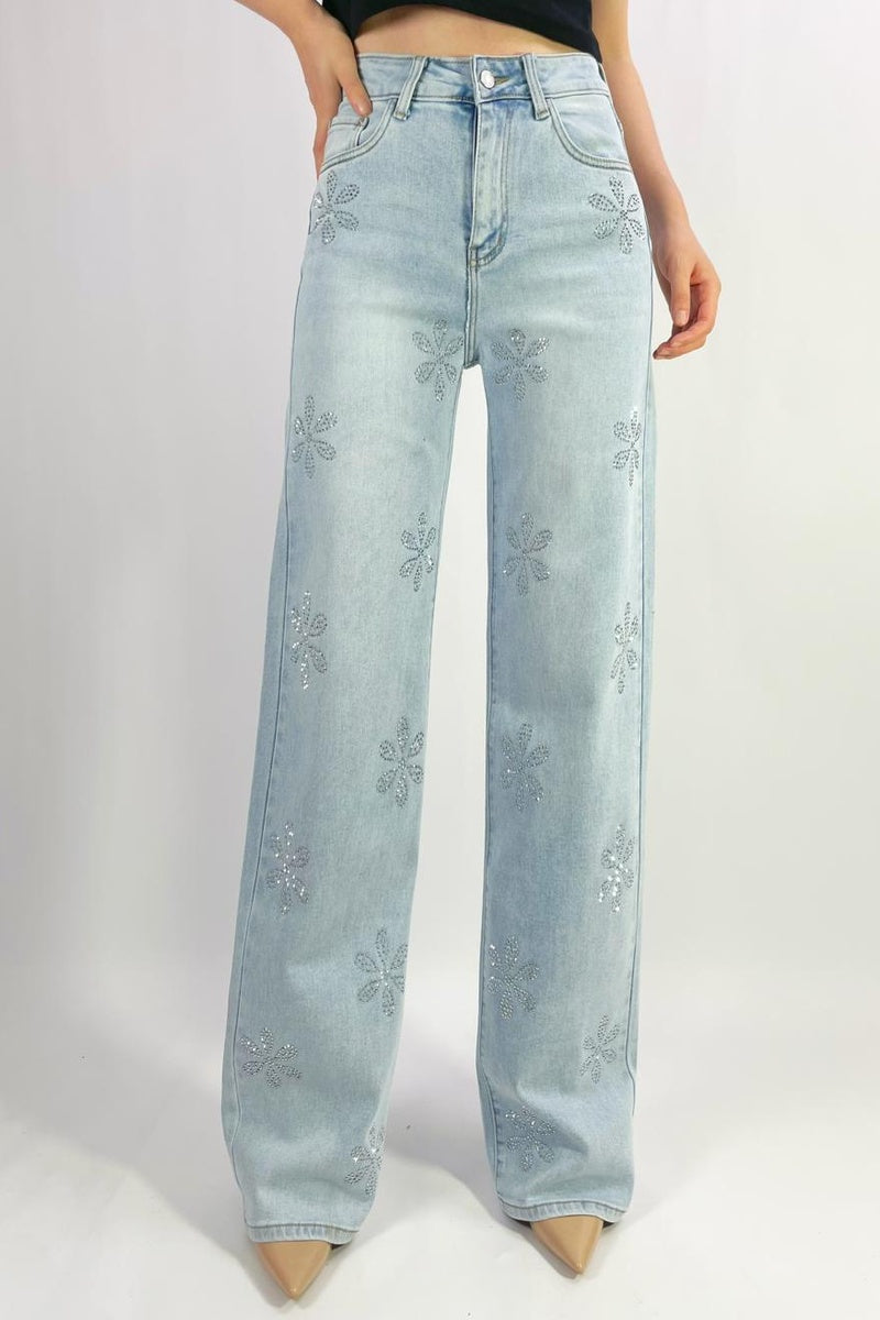 Jean premium coupe droite stretch avec strass fleuri T36-T46