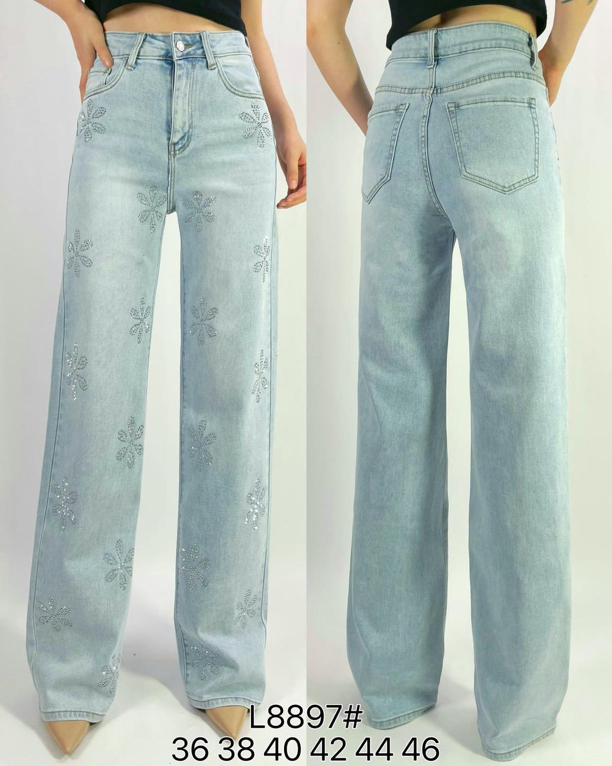 Jean premium coupe droite stretch avec strass fleuri T36-T46