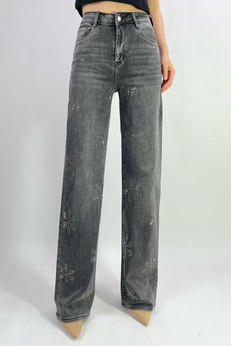 Jean premium coupe droite stretch avec strass fleuri T36-T46