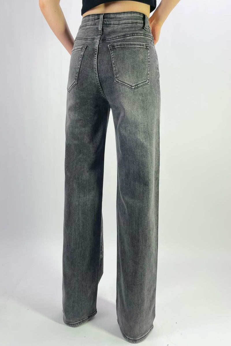 Jean premium coupe droite stretch avec strass fleuri T36-T46