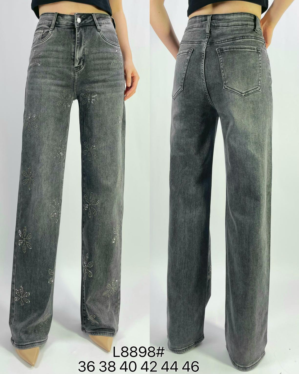 Jean premium coupe droite stretch avec strass fleuri T36-T46