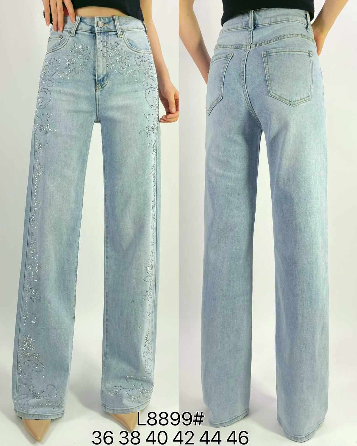 Jean premium coupe droite stretch avec strass fleuri T36-T46