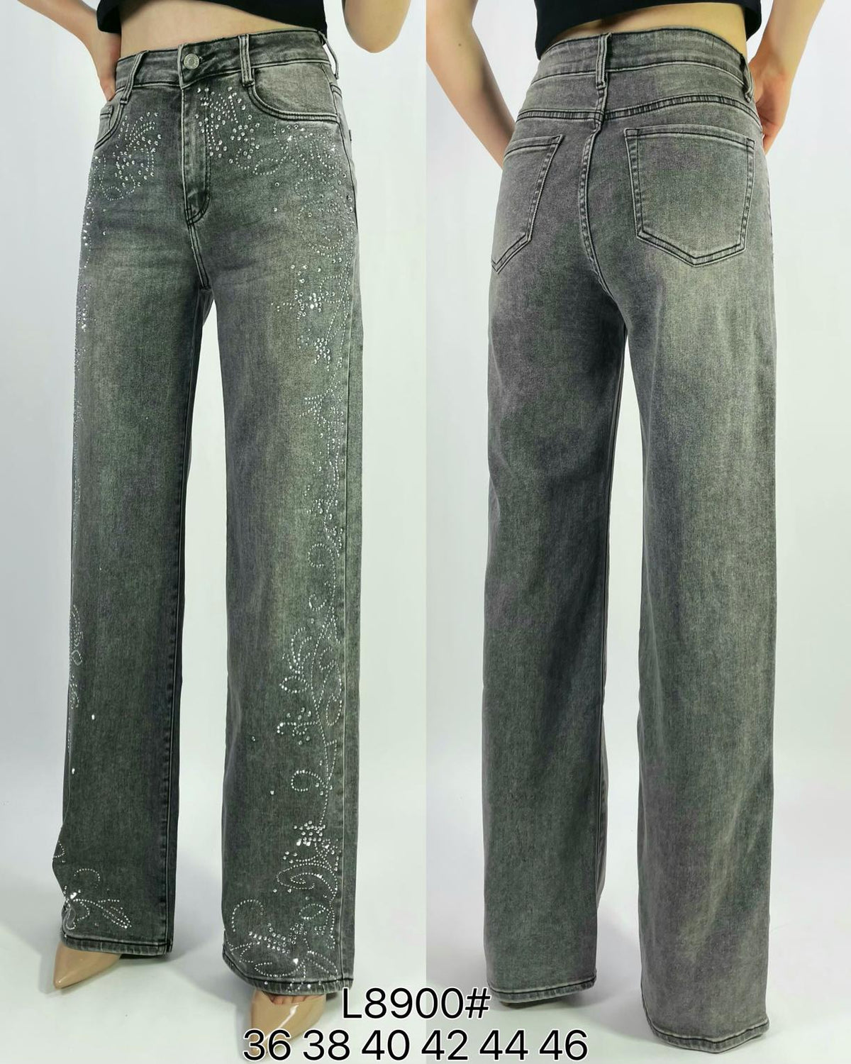 Jean premium coupe droite stretch avec strass fleurie T36-T46