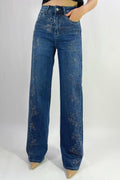 Jean premium coupe droite stretch avec strass fleuri T36-T46