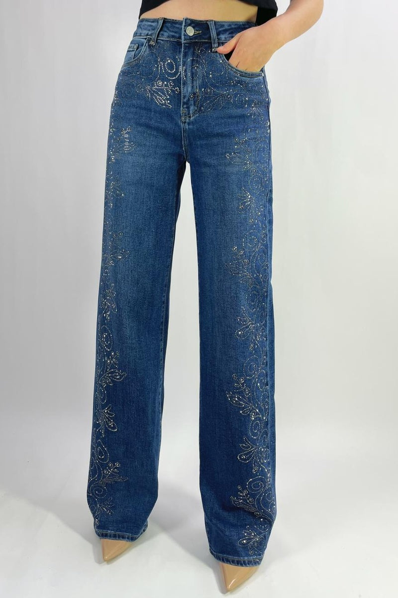 Jean premium coupe droite stretch avec strass fleuri T36-T46