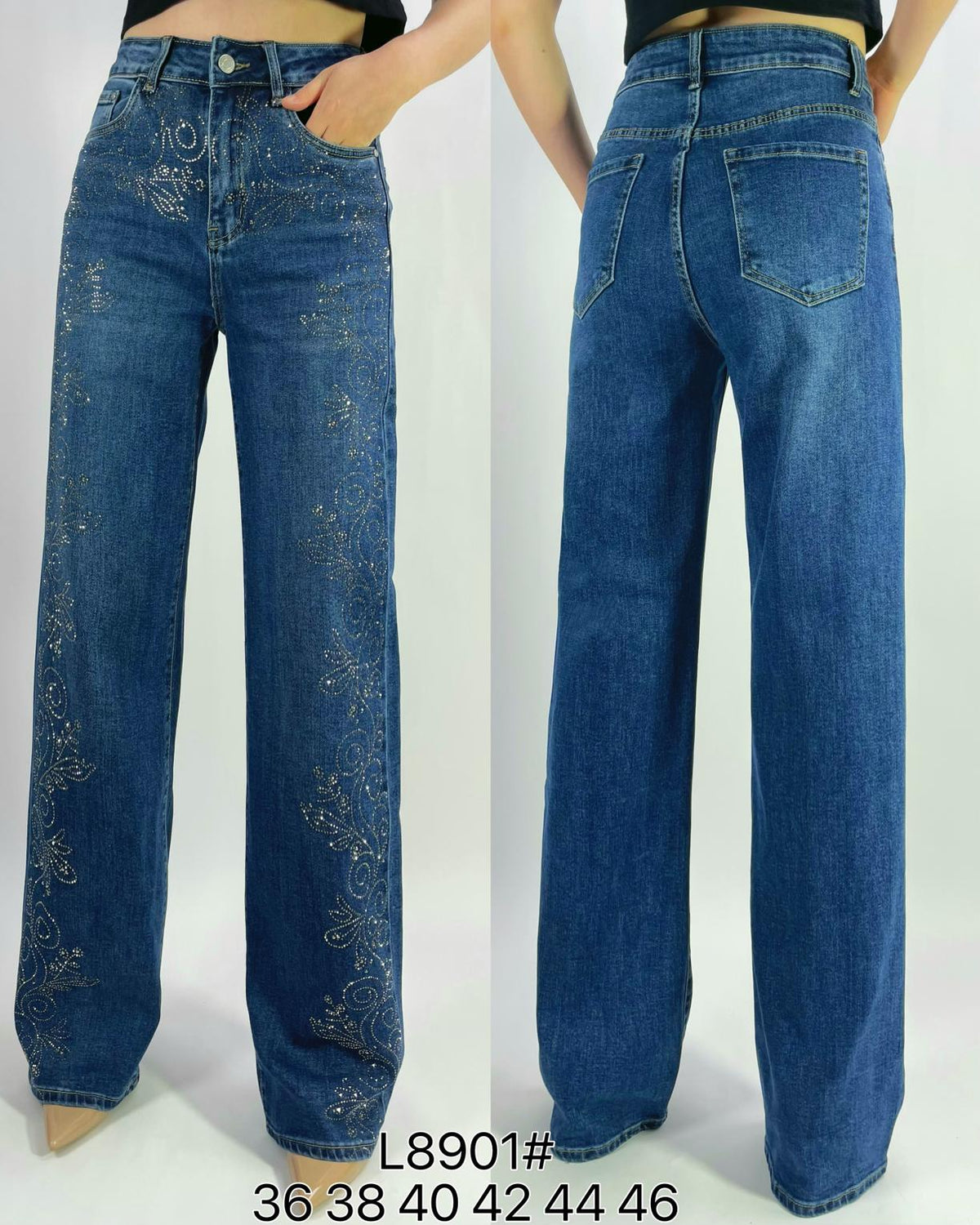 Jean premium coupe droite stretch avec strass fleuri T36-T46