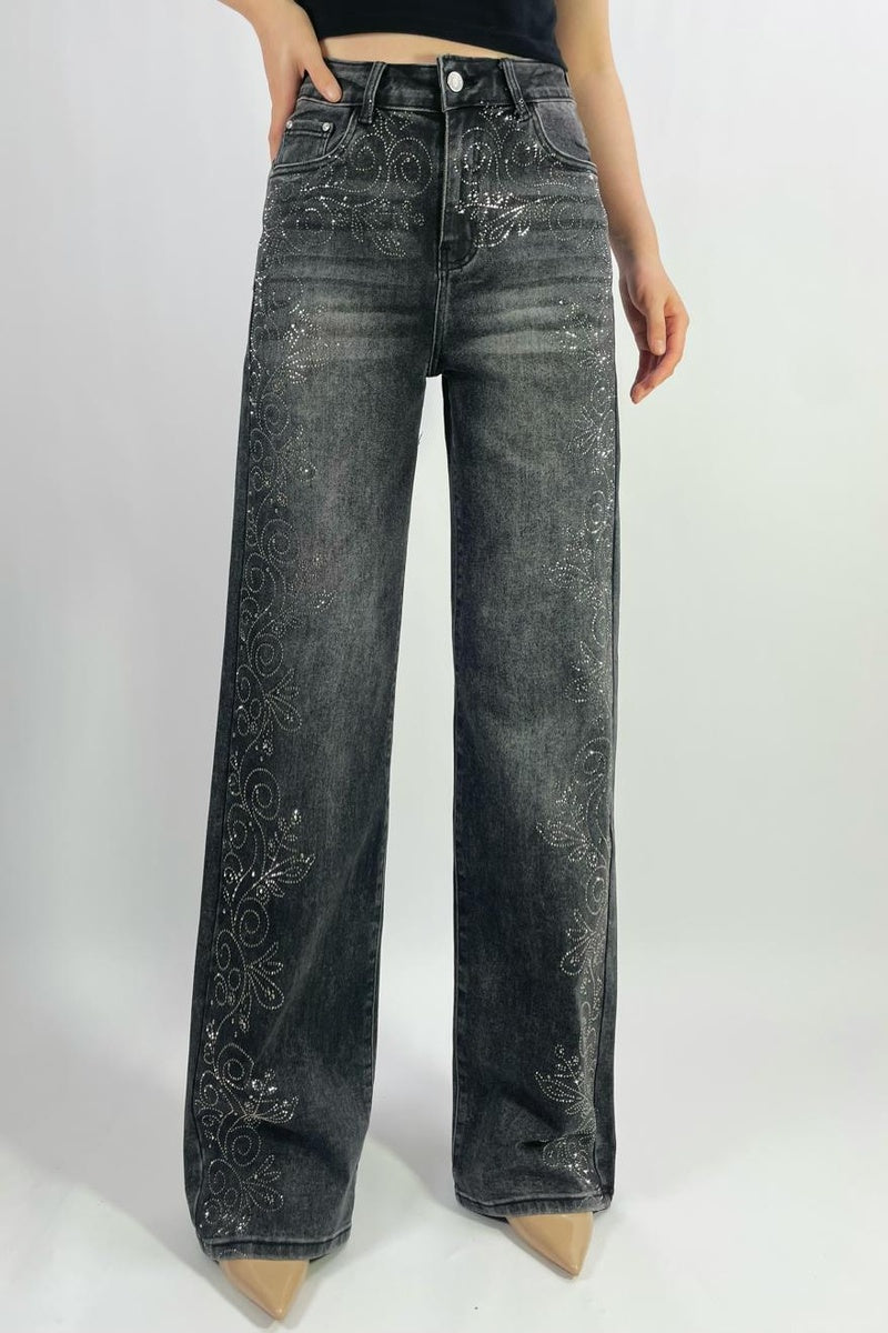 Jean premium coupe droite stretch avec strass fleuri T36-T46